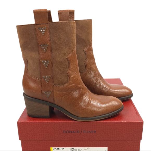 Donald J Pliner Western Studded Ankle Boots Reverse Calf Leather Cowgirl - Picture 2 of 12